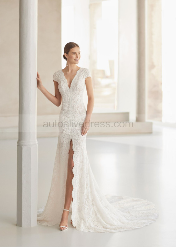 Beaded Exquisite Lace Dotted Tulle High Slit Sexy Wedding Dress